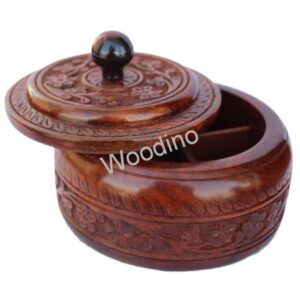 Woodino Wooden Carving Round Spice Container - 6 Inch