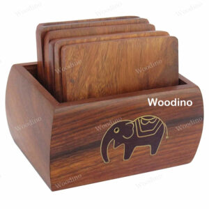 Woodino Premium Sheesham Wood Black Elephant Embossed Coasters Set