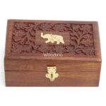 Woodino Carving Elephant Embossed Wooden Jewelry Box (6x4 Inch)