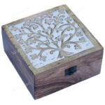 Woodino Mango Wood Hand Carved Whitish Antique Square Wooden Box (10x10 inch)