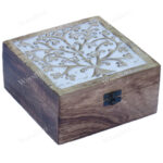 Woodino Mango Wood Hand Carved Whitish Antique Square Wooden Box (10x10 inch)