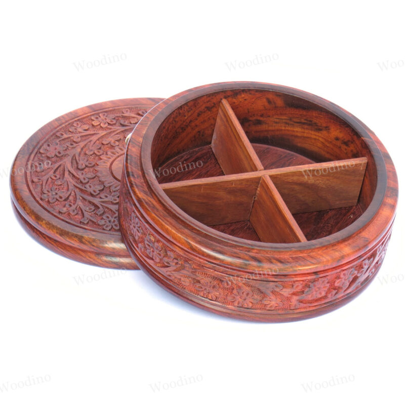 Woodino Hand Carved Premium Quality Round Spice Box Cum Jewellery Box