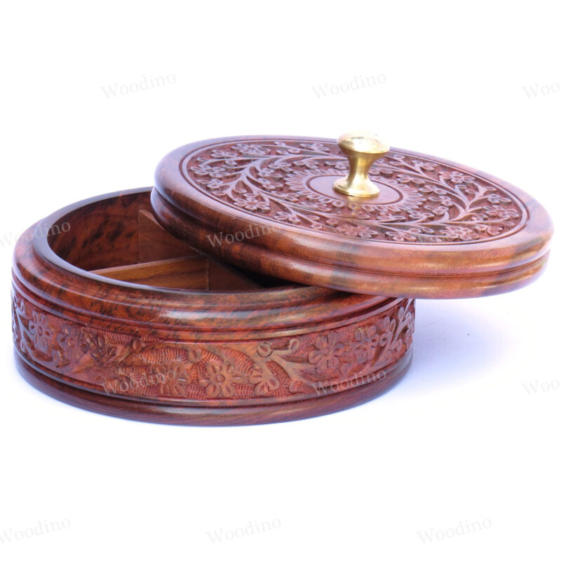 Woodino Hand Carved Premium Quality Round Spice Box Cum Jewellery Box